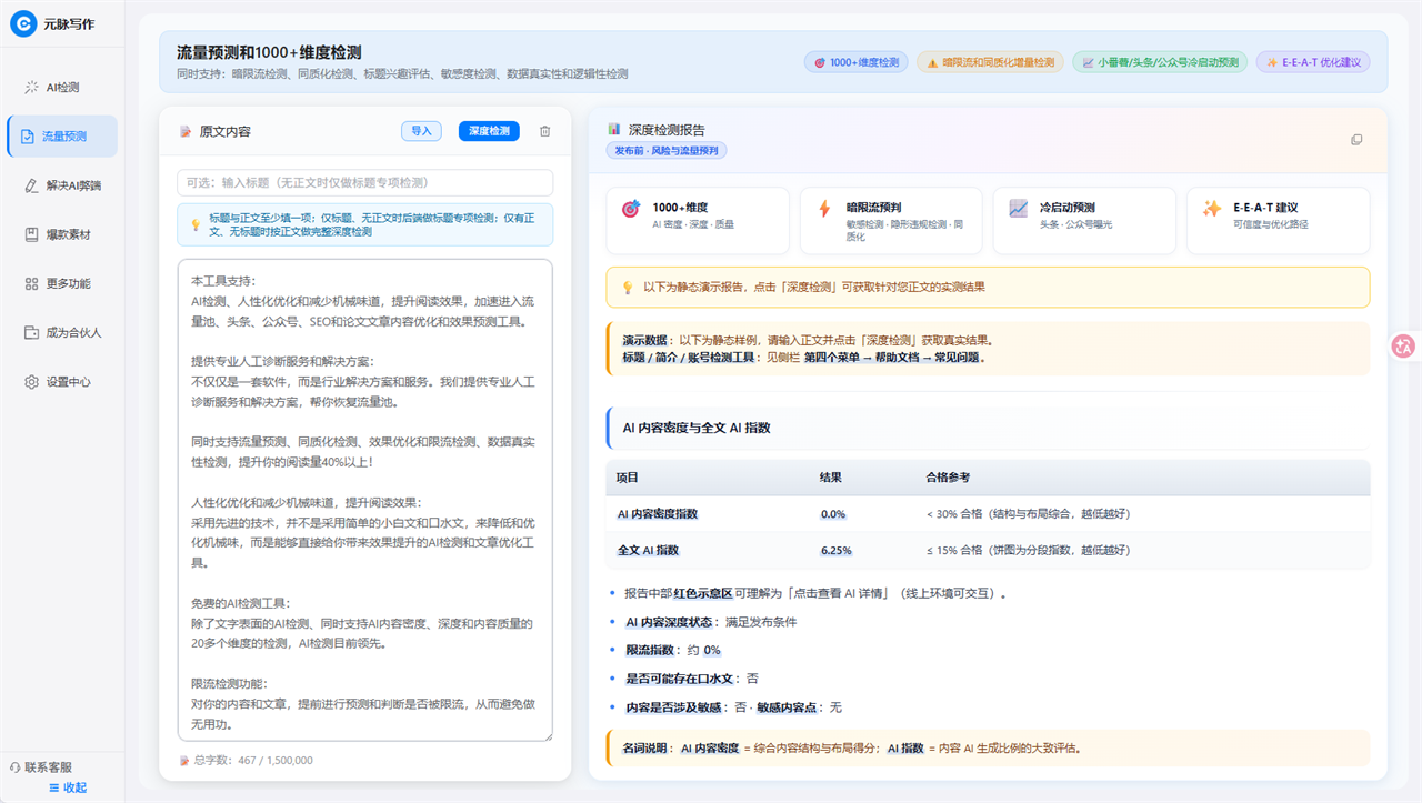 云脉写作 — 多维度文章检测报告界面